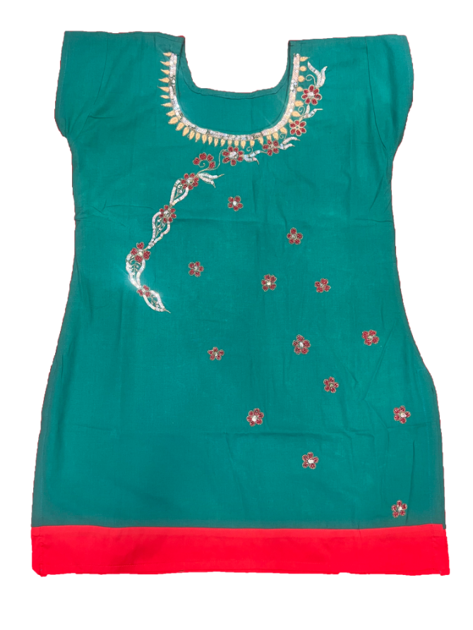 Surfie Green Suit With Red Border Zari Work